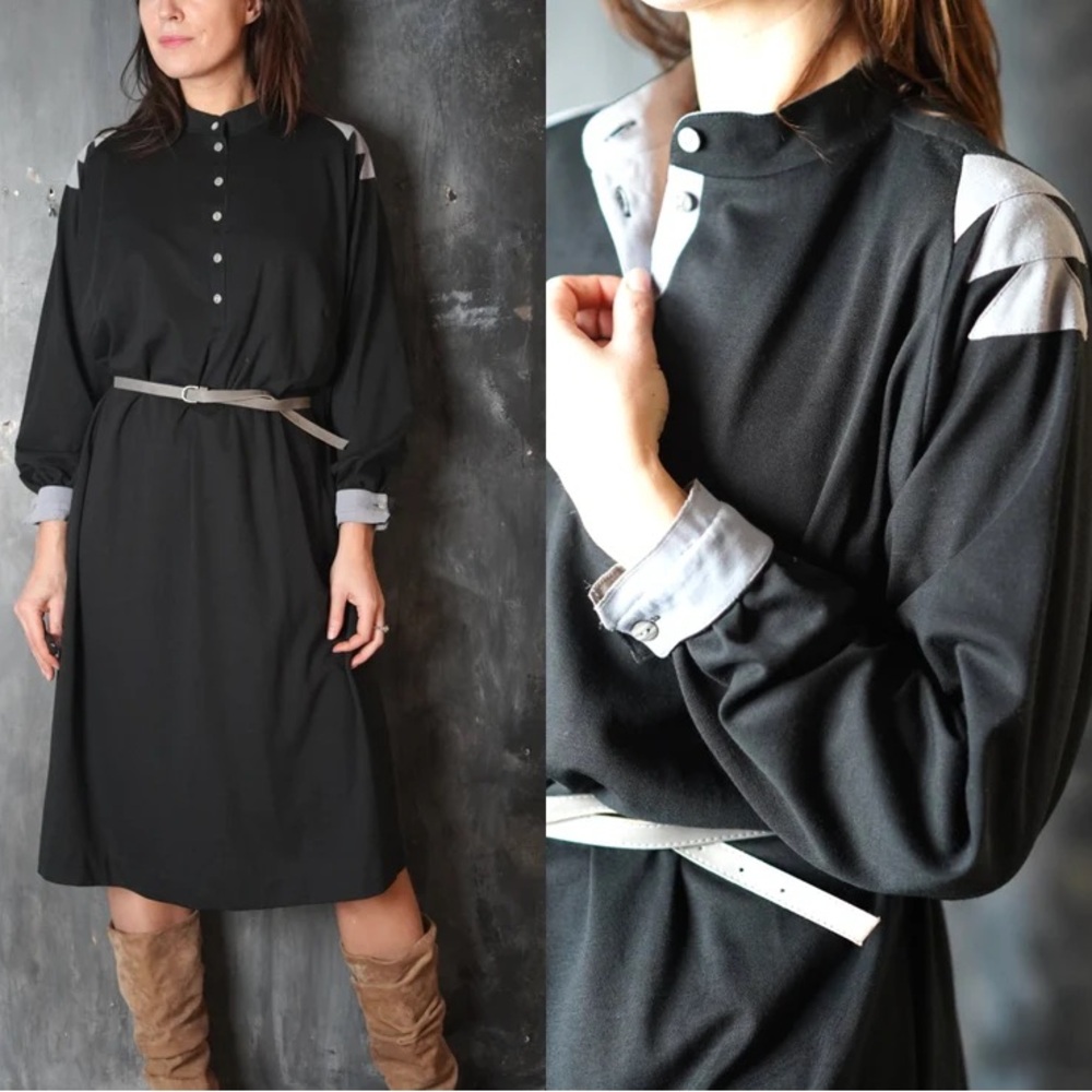 Vintage 80s Black Midi Dress with Grey Accents